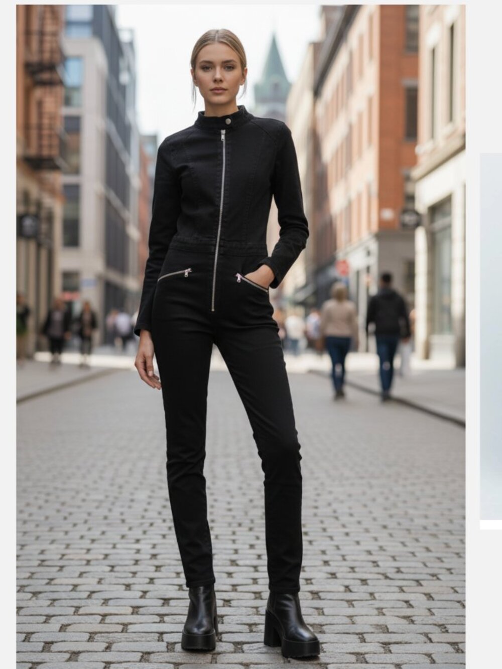 NWT ZARA Black Zip Denim Jumpsuit Long Sleeve Moto Utility XS 8197/247 Stretch